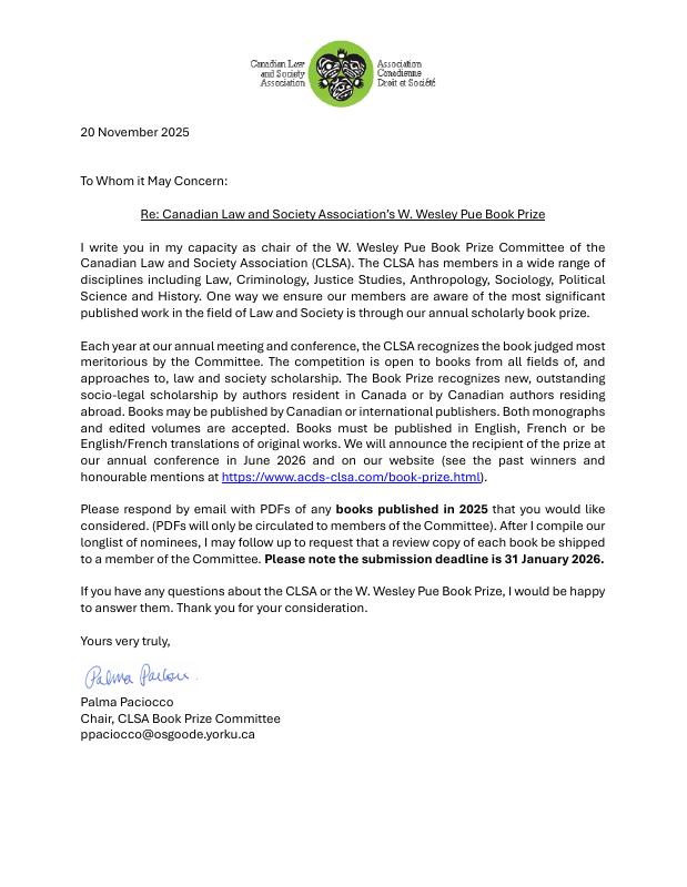 Book Prize — letter of 20 November 2025