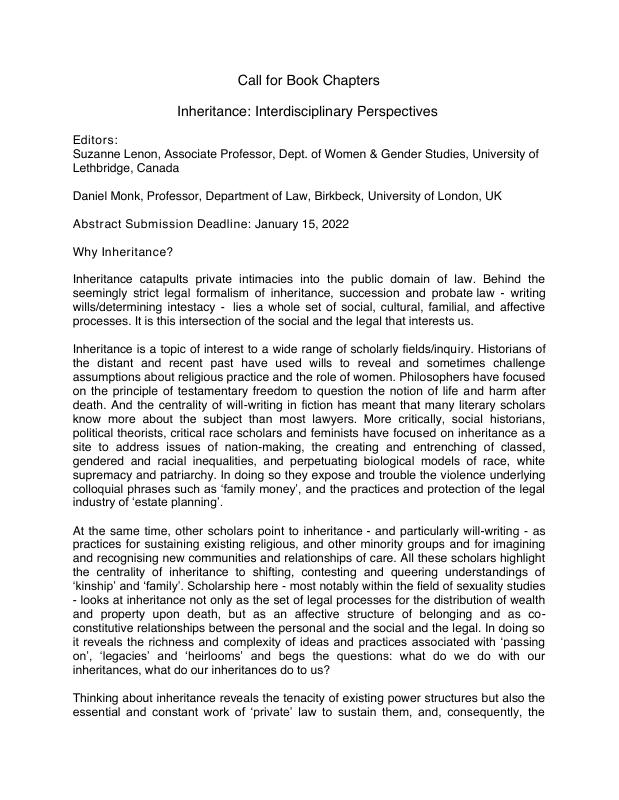 Inheritance: Interdisciplinary Perspectives — chapter call
