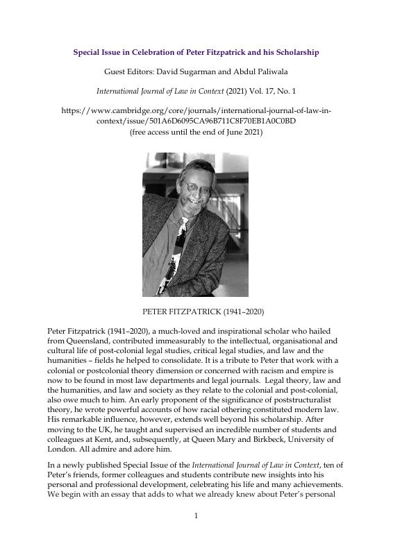 Special Issue in Celebration of Peter Fitzpatrick and his Scholarship