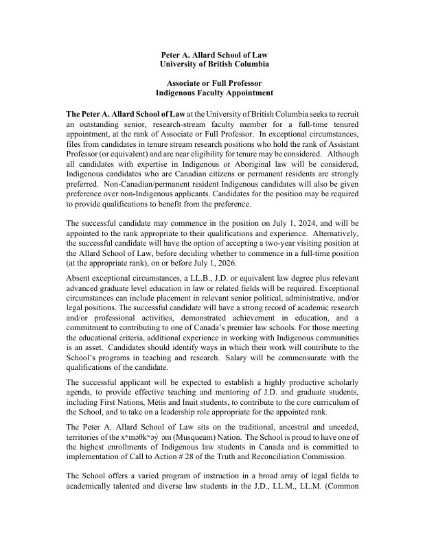 UBC Law School Hiring for Senior, Tenured poisition