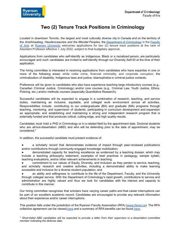 2 TT Job Postings from Ryerson University