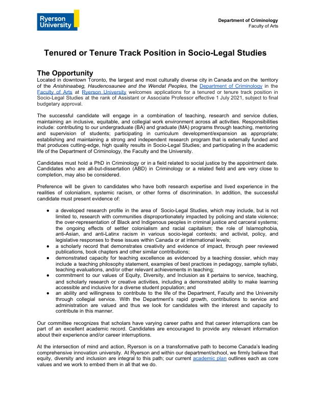 Tenured or Tenure Track Position in Socio-Legal Studies at Ryerson University
