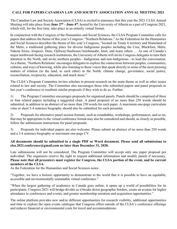 CALL FOR PAPERS CANADIAN LAW AND SOCIETY ASSOCIATION ANNUAL MEETING 2021