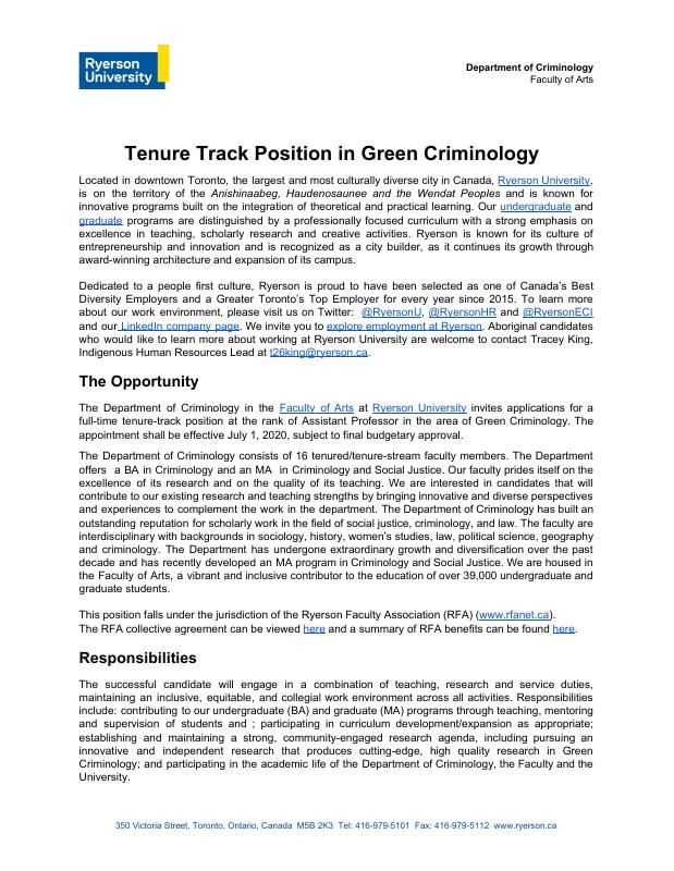 Green criminology — Ryerson appointment notice