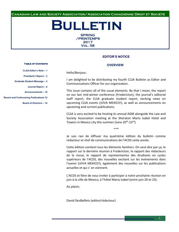 Bulletin — Spring /PRINTEMPS 2017