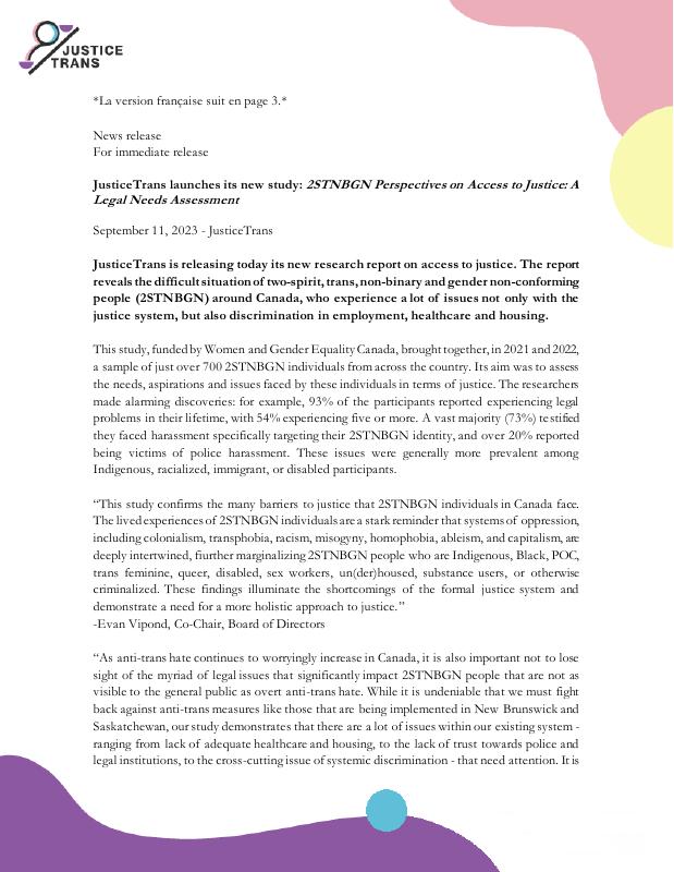 JusticeTrans launches its new study: 2STNBGN Perspectives on Access to Justice: A Legal Needs Assessment