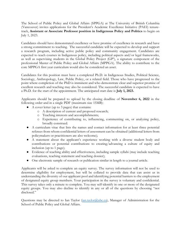 Job Ad from UBC The School of Public Policy and Global Affairs