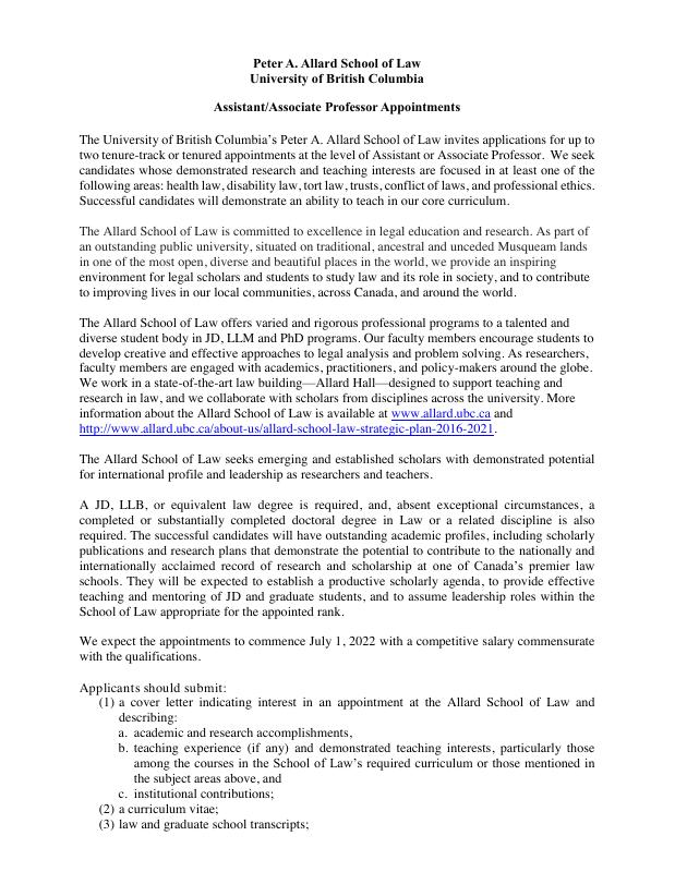Job Opportunities at UBC's Allard School of Law