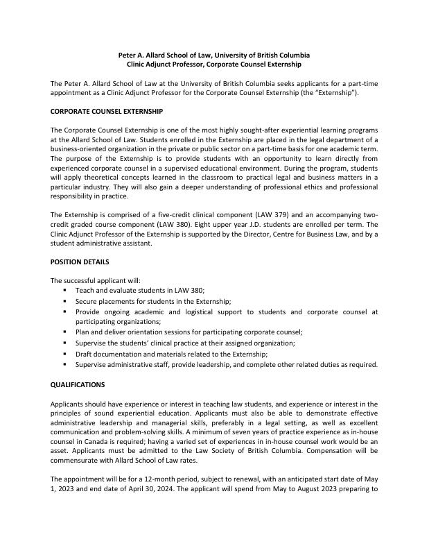 Job posting: Clinic Adjunct Professor, Corporate Counsel Externship