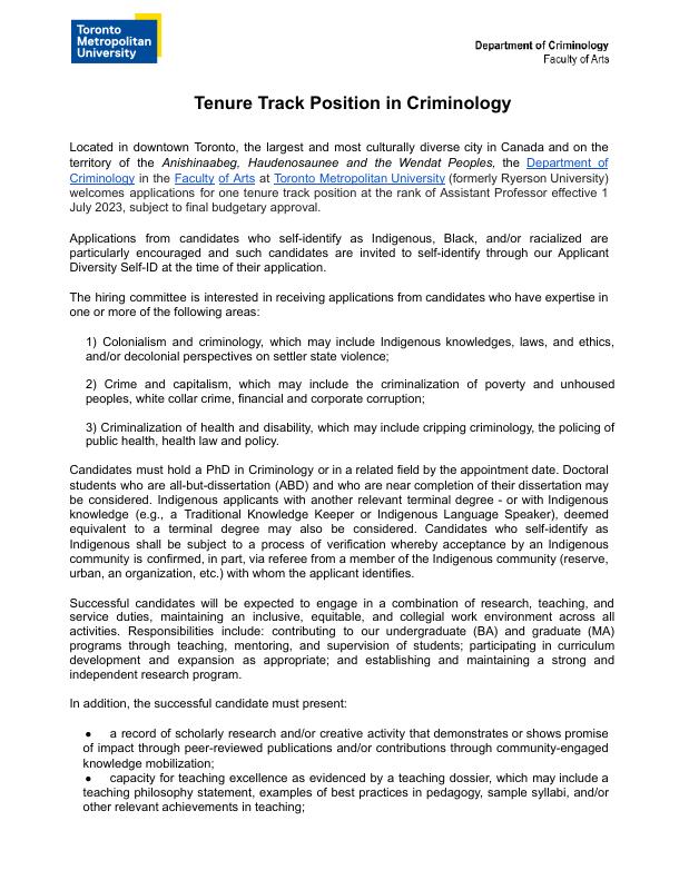 Criminology appointment notice — TMU, 2022