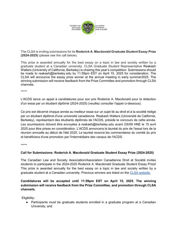 Call for Submissions: Roderick A. Macdonald Graduate Student Essay Prize (2024-2025)