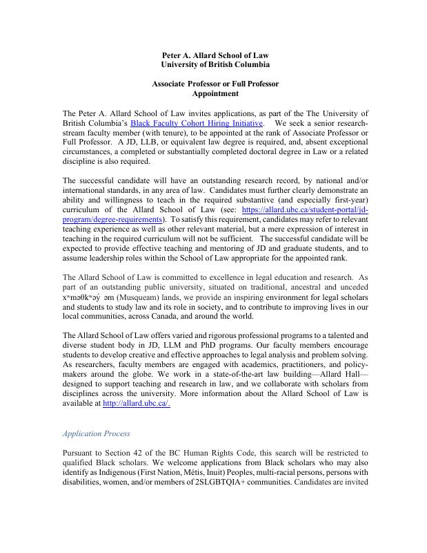 UBC Law School - Black Faculty Cohort Hiring Initiative