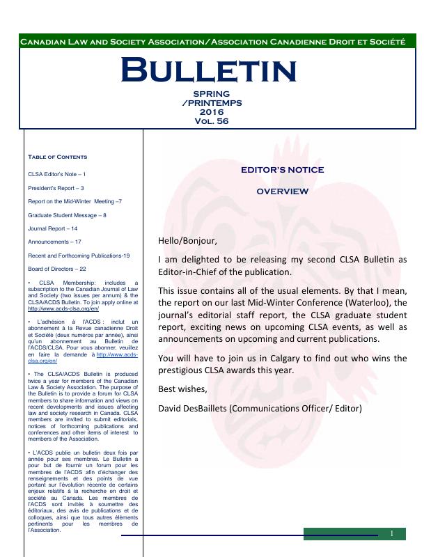 Bulletin — Spring /PRINTEMPS 2016