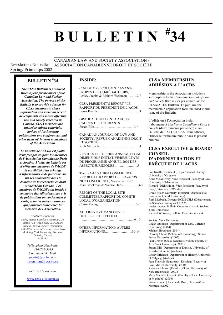 Couverture du bulletin du printemps 2002 : titre bilingue de l’Association et caucus étudiant au sommaire