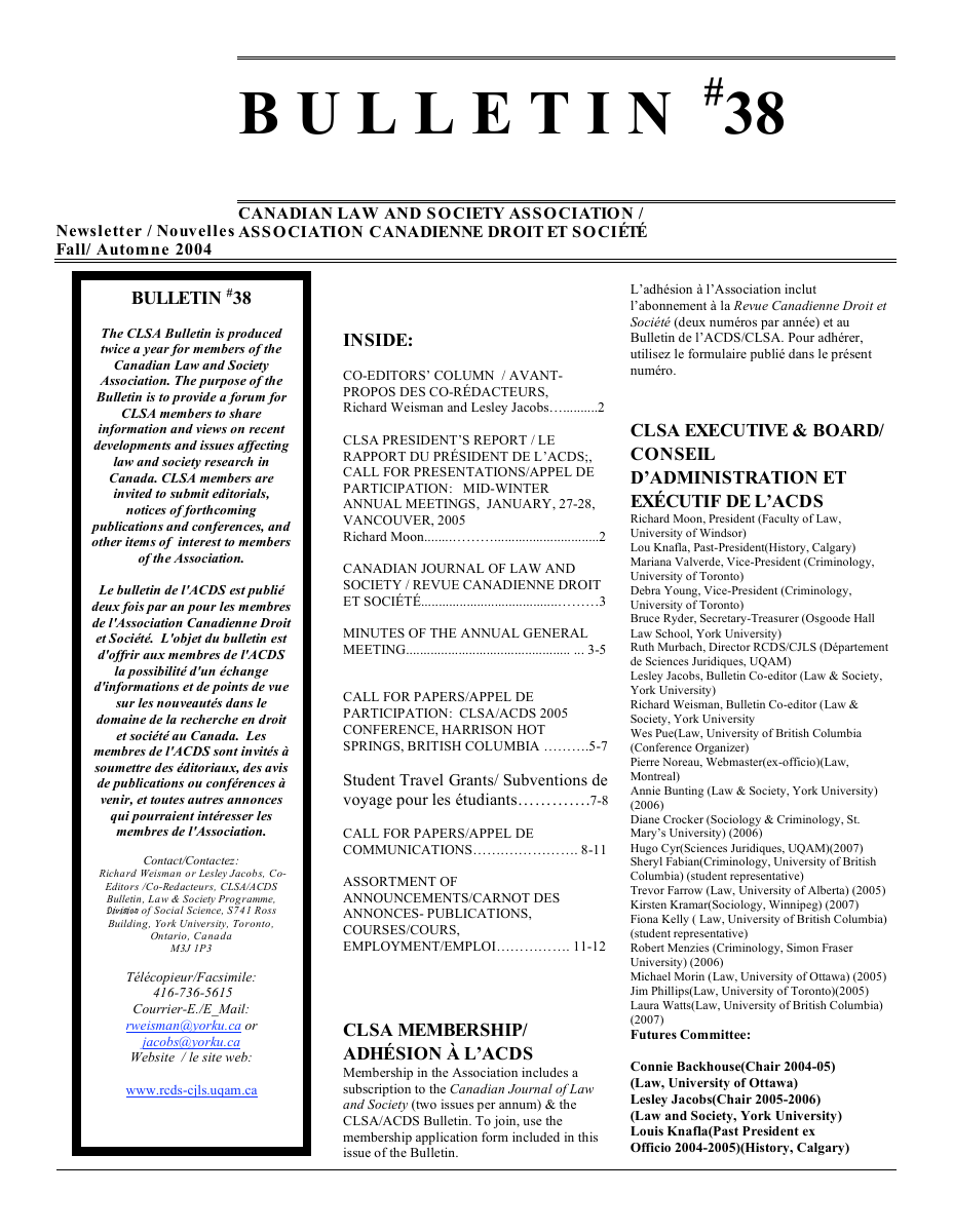 Couverture du bulletin de l’automne 2004 : appels, subventions de déplacement étudiantes et conférence de 2005