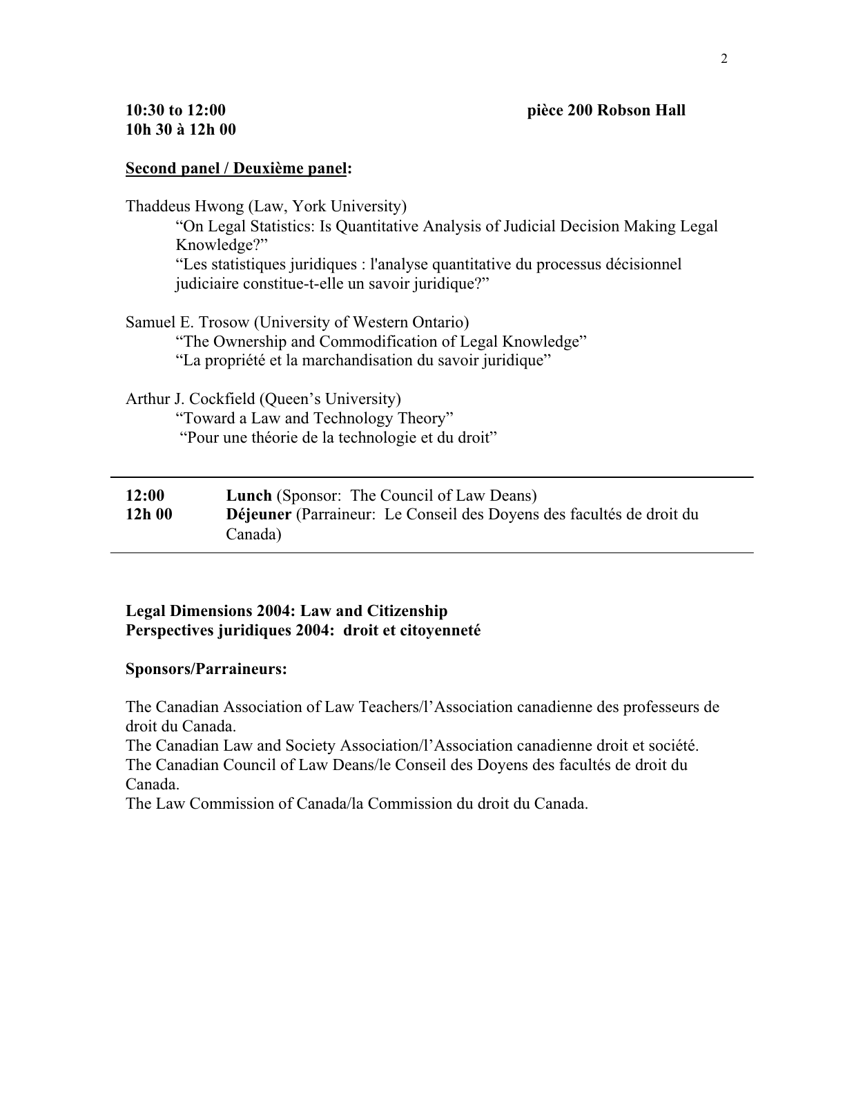 Séance bilingue sur les savoirs juridiques, page physique 2 du programme préliminaire de 2004